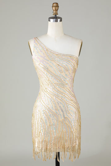 Sparkly Sheath One Shoulder Golden Sequins Short Homecoming Dress with Tassel